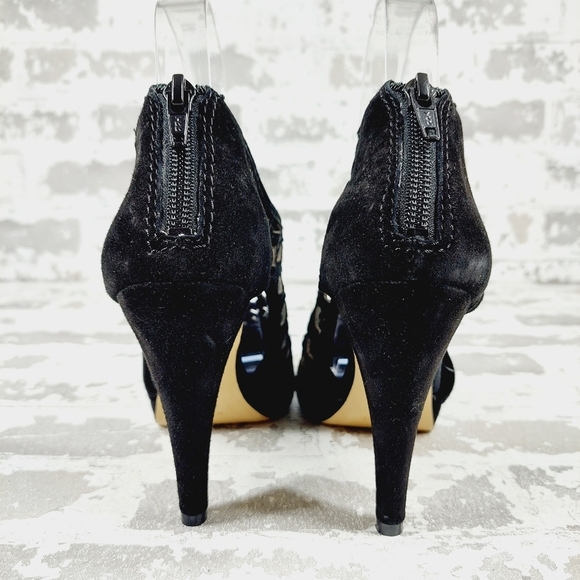 NEW Nine West Black Suede Laser Cut Back Zip High Heeled Booties F725 - Picture 6 of 12